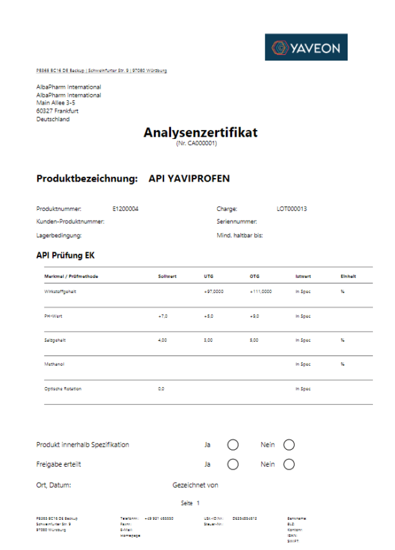 Screenshot eines Analysenzertifikats aus der Quality Assurance App