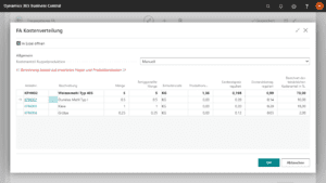 Screenshot Kostenverteilung eines Fertigungsauftrags aus der Joint Production App