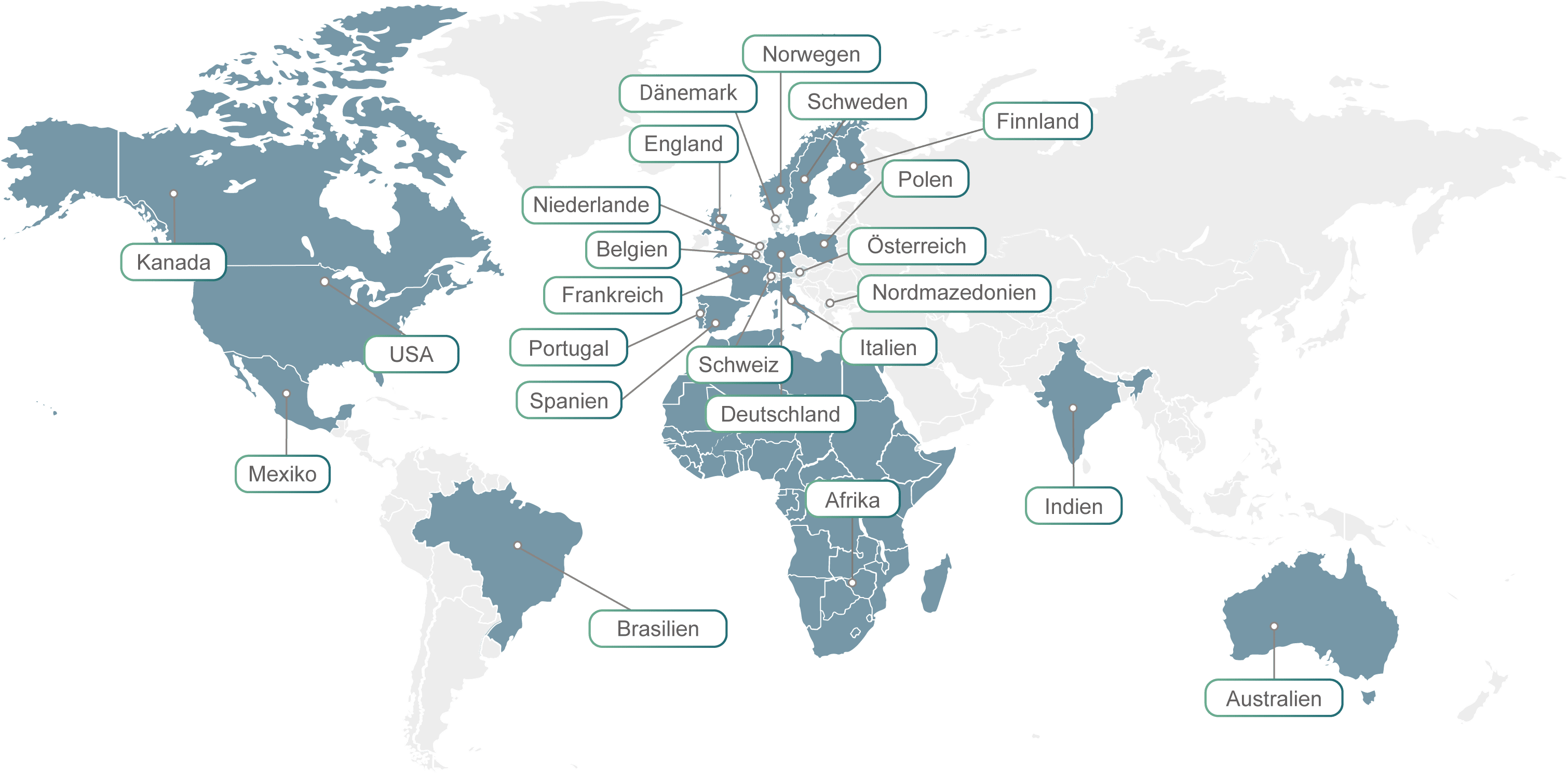 Weltkarte mit den YAVEON Vertriebspartnern
